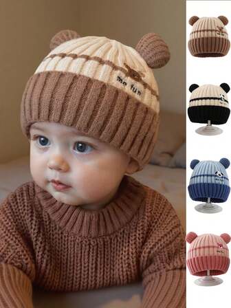 1 件装婴儿/幼儿渐变色熊图案针织帽，适合男孩和女孩，温暖舒适，适合秋冬季户外穿着