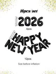 16 件/套 - 16 英寸 2026 新年快乐铝箔气球套装，16 英寸金色、玫瑰金色、银色、黑色 2026 新年快乐铝箔气球，适用于新年主题、圣诞主题派对装饰、新年前夜、室内和室外装饰、家居装饰、商场庆祝、节日派对用品，2026 新年快乐气球套装 - 彩色 - 查看 10