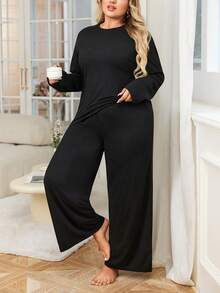 2-delat plusstorleksset för kvinnor, långärmad t-shirt och vida byxor, höst/vinter - Svart - Visa 3
