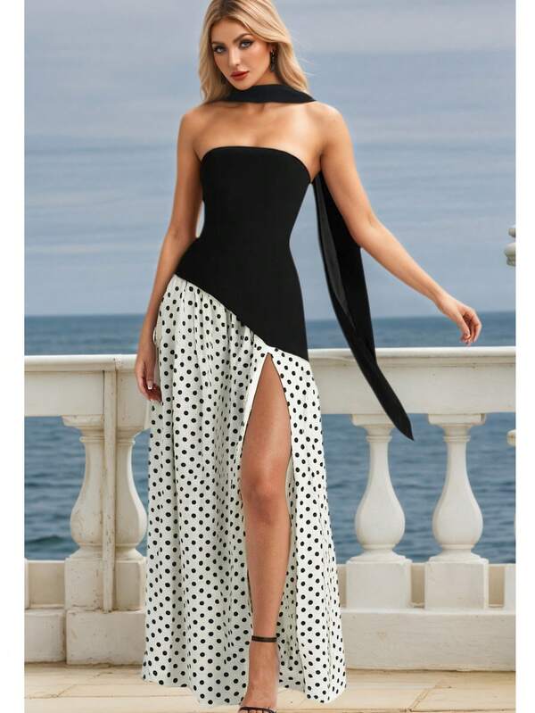 Vestido asimétrico/con abertura lateral de punto con estampado geométrico de lunares patchwork, elegante y sexy, para ocasiones formales como bodas, fiestas, cócteles, playa, verano/otoño