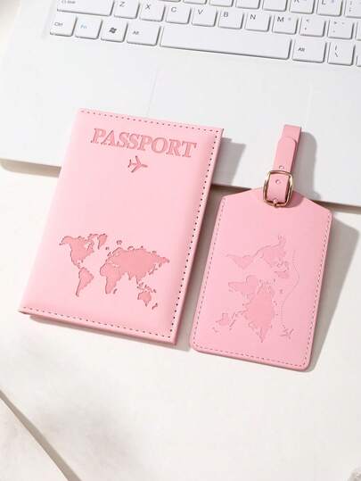 1 matt PU-material för resepass med världskarta och bokstävertryck och fast design, passhållare, passhållare, passplånbok, passväska, lämplig för semester, passväska, lämplig för flyg, lämplig för skolstart, unisex, resetillbehör, bagageetikett med kartmönster och anti-borttappning för gränsöverskridande resor