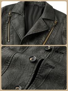 男士休闲西装外套缺口翻领三扣复古机车仿皮夹克外套，商务休闲做旧翻领西装外套，金属拉链口袋 PU 皮夹克，适合派对、商务、秋冬，修身版型