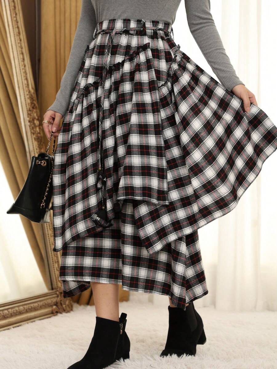 Scottish Style Women's Tartan Skirt - Elegant High Waist With Celtic FringeFlowyAsymmetrical Hem | Non-Stretch Fabric | All-Season Wear - 黑與白 - 查看 1