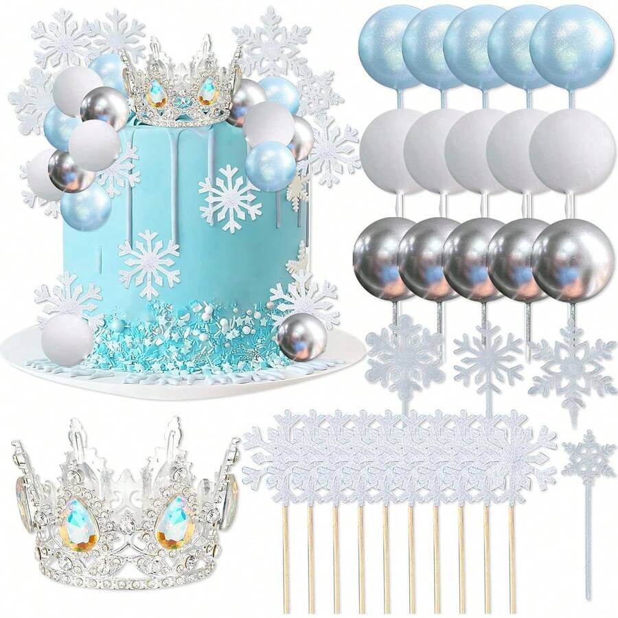 LaVenty Snowflake Balls Cake Toppers Frozen Princess Cake Decoration Tiara Crown Birthday Decoration For Birthday Boho Party Supplies - Multicolor - View 1