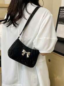 全新时尚休闲女式 PU 纯色黑色/咖啡色/卡其色蝴蝶结金属配件腋下零钱包化妆包 - 黑色 - 查看 6