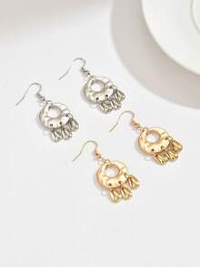 1 Pair Vintage Minimalist Versatile Geometric Asymmetrical Hollow Round & Water Drop Pendant Earrings, Jewelry For Women - Geometric Earrings - View 4