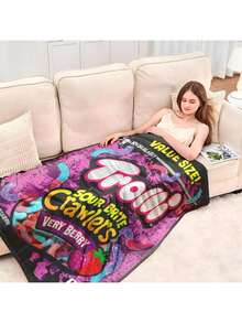 1 buc. Pătură din fleece Trolli Brand Sour Brite Crawlers, pătură mov, pătură pentru ambalarea bomboanelor, pătură drăguță pentru fete, fabricată din flanel, moale la atingere, funcțională caldă, pătură practică pentru dormitor, sufragerie, decor de Crăciun, somn de noapte/picnic la birou