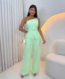 Conjunto feminino rico   elegante  Festa    Bolso  Zíper  Botão    Formal e Noturno  Escritório   social / terno - Verde - Visão 1
