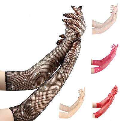 1 Pair Fashionable Rhinestone Shiny Fishnet Sexy Black Elastic Colorful Diamond Halloween Carnival Gloves