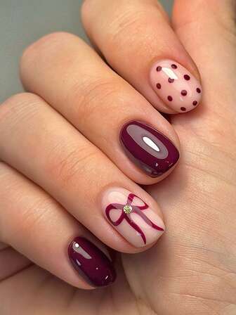 24 PCS Short Square Nail Stickers Autumn And Winter Red Bow Red Polka Dot Fashion High-End Temperament Wear Nail Set (With: A Piece Of Jelly Glue 1 File) Suitable For Women's Daily Dating Party