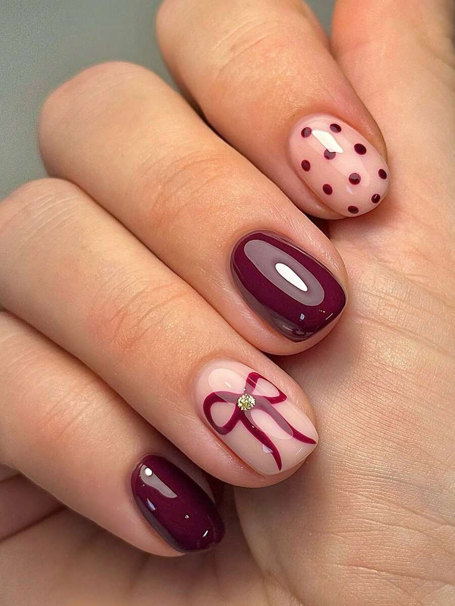 Bộ 24 móng giả vuông ngắn, họa tiết nơ đỏ và chấm bi cho ngày Valentine, bộ móng giả acrylic hợp kim dễ thương (bao gồm: 1 gel dán và dũa móng), thích hợp cho phụ nữ sử dụng hàng ngày, hẹn hò và dự tiệc. - Nhiều màu - Xem 1