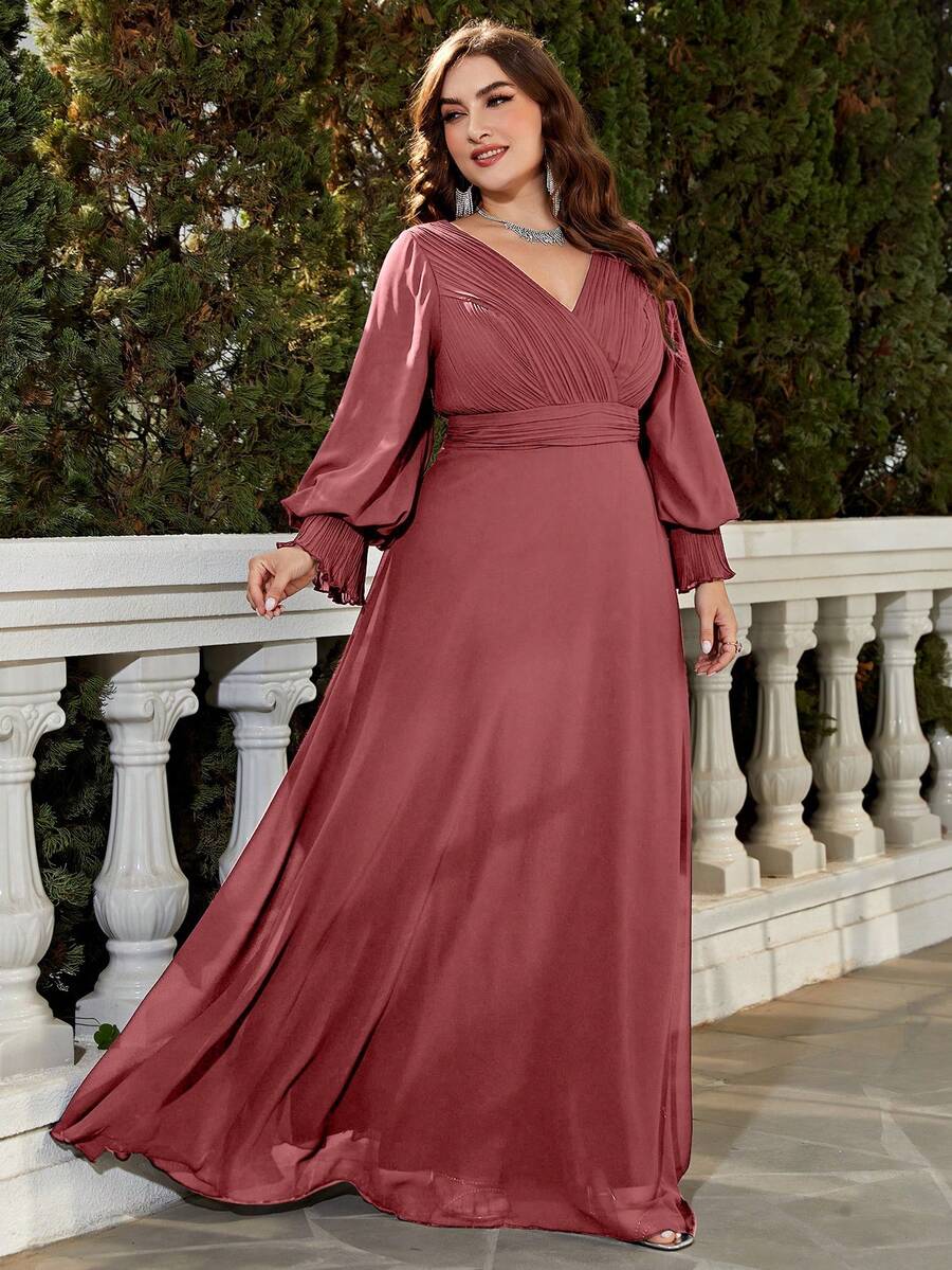 UNITHORSE Deep V-Neck Long Sleeve Pleated Chiffon Dress - Redwood - View 1