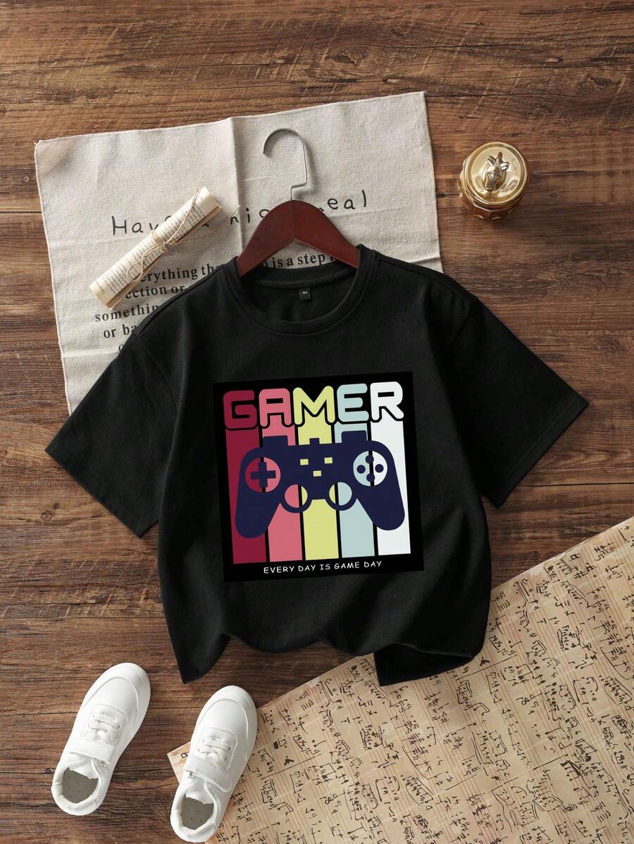 Tween Boy Short Sleeve Crew Neck Cartoon Game Controller Printed T-Shirt, Summer - Black - View 1
