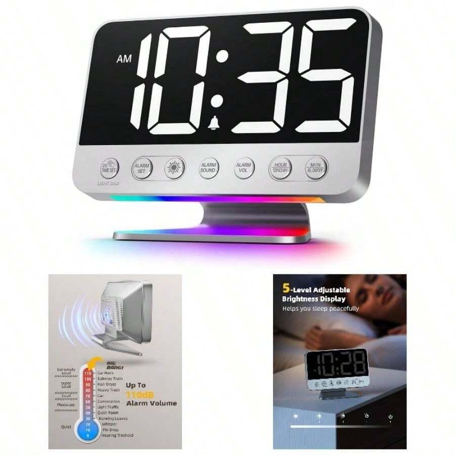 - Reloj despertador digital de gran nmero para recmara, puerto de cargador, luz nocturna de 8 colores, atenuador de 5 niveles, volumen de alarma ajustable, repeticin, memoria de apagado, - Plata - Dígitos blancos - Ver 1