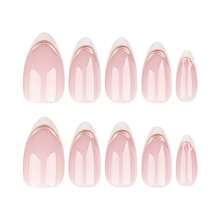 2026hot-3D Gold Stripe French Tip Press On Nails - Short Square White & Gold False Nails, Elegant Manicure Set, Simple Glam Nails - JP3444 [Loại keo] - Xem 5