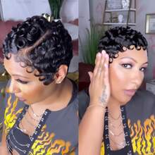 女士短假发,真人发丝,13x4x1 T型蕾丝前额假发,卷曲波浪精灵短发假发,99J、1B,适合,易于佩戴,层次感精灵短发假发,带刘海,真人发丝,日常佩戴,情人节礼物,女士卷曲精灵短发假发 - 彩色 - 查看 6