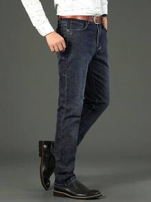 男士修身彈性水洗牛仔褲，商務和休閒日常裝扮 - 黑色 - 查看 7