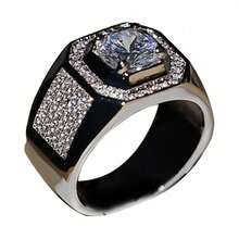 Business Casual  Square Ring For Men, Light Luxury Full Diamond Design Ring Jewelry - màu đen - Xem 5