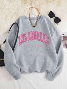 Casual Women's Grey Polyester Long Sleeve Round Neck Pullover Sweatshirt With Los Angeles Graphic Print Regular Fit - 灰粉 - 查看 7