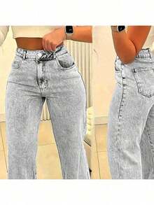 Women's Pocket Straight Loose Casual Versatile Jeans - Light Grey - View 5