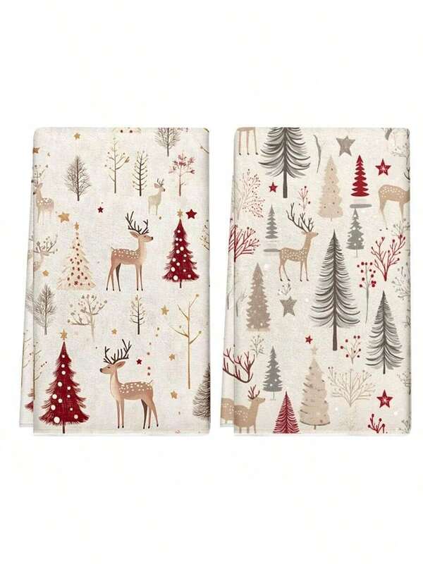 2pcs Christmas Tree & Reindeer Christmas Kitchen Towels, Christmas Decor, Christmas Gifts, Super Soft & Absorbent Dish Cloths, Cooking Baking Tea Towels, Dish Rags, Hand Towels, Kitchen Decor, Neighbor Gifts, Mom Gifts, Birthday Gifts, Housewarming Gifts For Friends, Kitchen Accessories, Decorations, Household Essentials