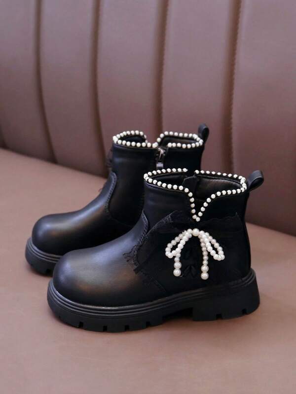 Girls' Ankle Boots, Autumn/Winter New Boots, Cute Bow & Pearl Decor, Mid-To-Large Kids' Boots, Side Zipper, Princess High-Top Boots, Student Mid-Calf Boots, Baby Boots