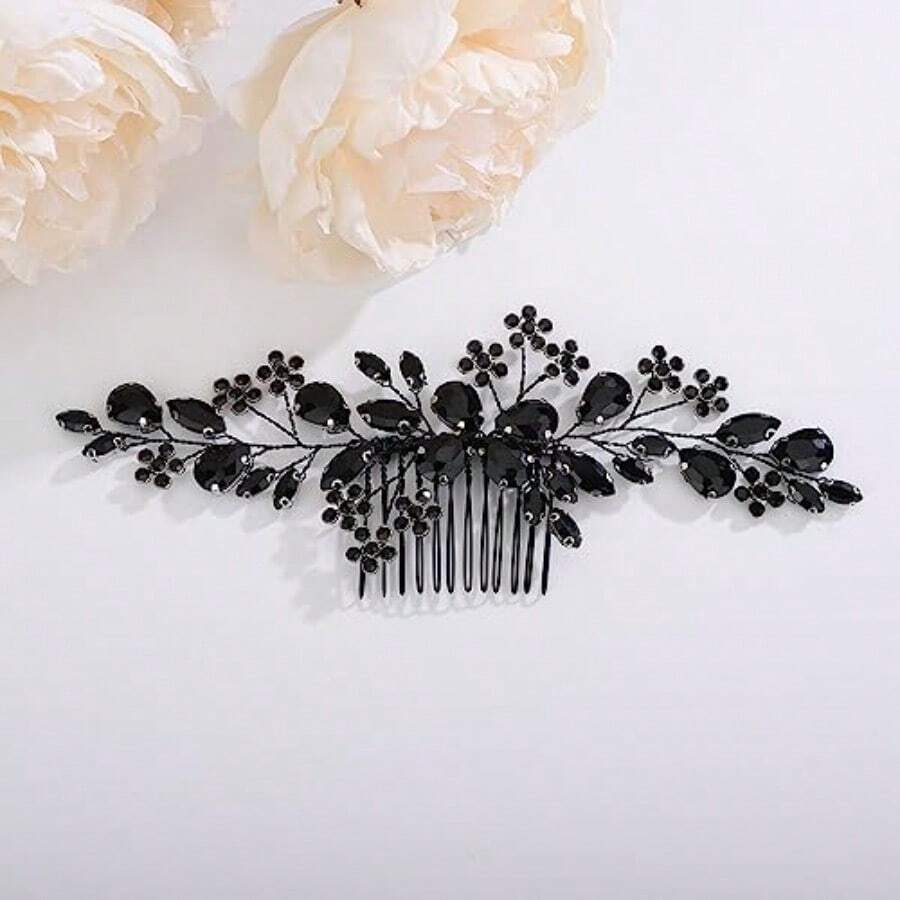 QY- Bridal Black Crystal Hair Comb Flower Wedding Hair Side Comb Vintage Black Flower Crystal Rhinestone Hair Pieces For Bride Floral Headpieces Hair Accessories For Women Flower Girl Festival -6108 - 如圖 - 查看 1
