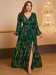 YISIKADO Plus Size Women Sequin Cross V-Neck Long Sleeve Evening Gown - Màu xanh lá cây đậm - Xem 4