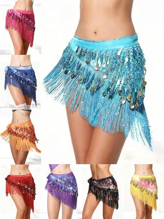 女士肚皮舞流苏臀巾带亮片和硬币装饰臀腰链适合舞蹈表演狂欢节对练舞配饰