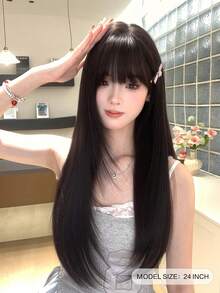 SHUDUO 1 Black Brown Synthetic Heat Resistant Straight Wig Piece, Made Of Fibers For Added Volume, Natural And Realistic Wig (No Accessories Included)