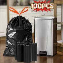 5-Rolls 100pcs Heavy Duty Black Drawstring Trash Bags, Leak-Proof Disposable Plastic Garbage Bags For Bathroom, Outdoor, Kitchen, Restaurant, Hotel - Easy Closure Design - Cleaner & More Efficient, Random Color Drawstring - Suitable For Christmas, Halloween, Restaurant Waste Management, Bathroom Trash, Convenient Disposal, Durable Material