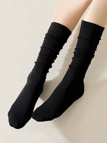 2 Pairs Women's Black & White Simple Slimming Calf Socks, Warm Long Socks Suitable For Daily Wear With Leather Shoes, Autumn/Winter