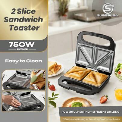 SUPERLEX 750W Sandwich Maker, Deep Slot Toaster, Waffle Maker, Panini Oven, Donut Tray, Nut Tray, Cake Tray, Non-Stick Coating Heating Plate, Removable Deep Slot Baking Tray For Easy Cleaning, Cool Touch Handle And Non-Slip Bottom Foot, Fast Heating, Essential For Breakfast And Afternoon Tea
