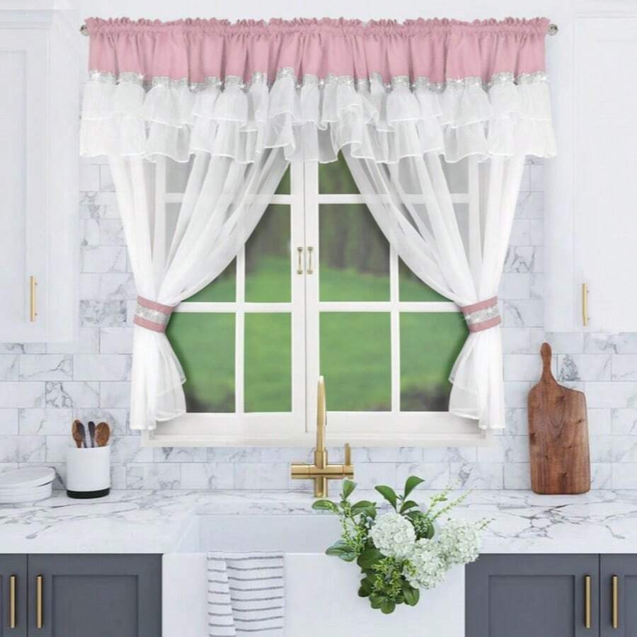 1 pezzo, dimensioni 400 x 150 cm, vari colori, tenda con nastro arricciato, decorata con volant, tenda con volant per il soggiorno, camera da letto, tenda leggera e ariosa