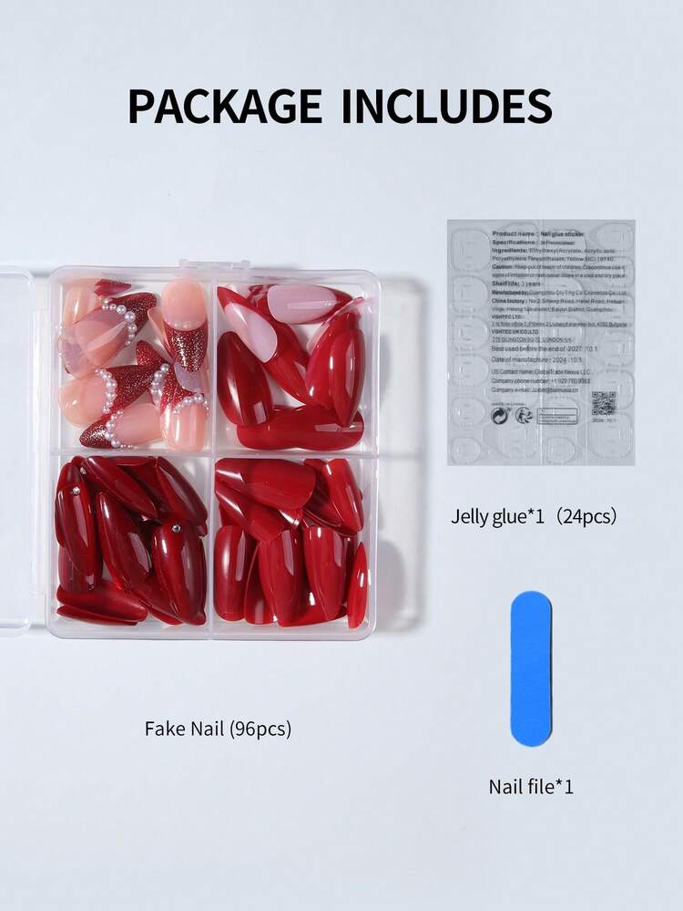 96pcs (4mixed ) Almond Red Tip Press On Nails, Red Cat's Eye French Acrylic Nail Tips Full Cover False Nail Tips Press On Nails ,Contain 1pc Jelly Glue And 1pc Nail File,With Storage Box As For Suitable For Women And Girls Daily Life And Party Use - Red - View 7