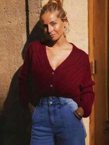 New Solid Color Cardigan Long Sleeve Knitted Sweater Jacket, Autumn/Winter - Burgundy - View 5