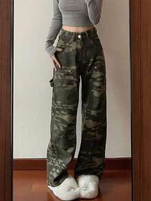 Jeans para mujer Pantalones vaqueros de camuflaje estilo retro americano de High Street para mujer, pantalones sueltos y rectos de verano, cómodos y que estilizan. - Verde militar - Ver 3