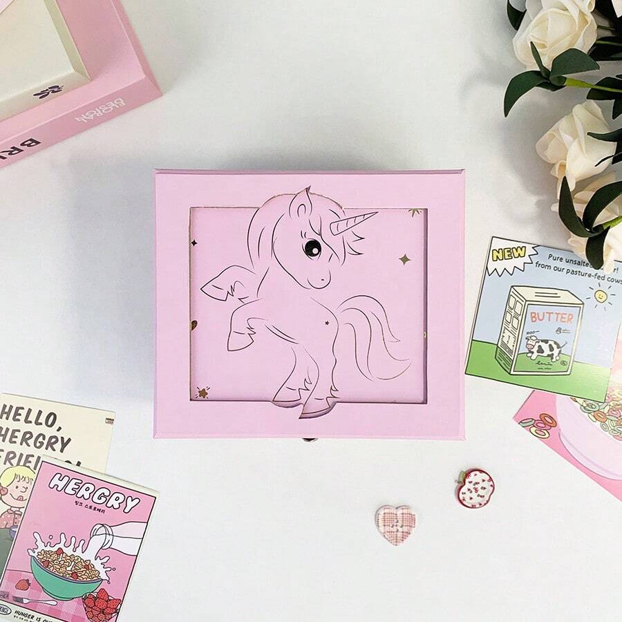 1pc Flocked Unicorn Rectangular Music Box With Drawer, Paper Material, Comes With Rotating Horse And Mirror, Decor For Bedroom/Living Room, Can Store Jewelry/Toys/Trinkets, Suitable For New Year, Valentine's Day, Wedding, Birthday, General Gifting