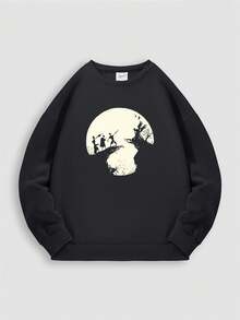 Warner Bros Felpa da uomo in cotone con spalle scese, modello con fantasia avventurosa al chiaro di luna, tessuto spesso casual per autunno e inverno, felpa oversize ampia e calda in pile spesso, adatta per il freddo, set da due pezzi nero e grigio