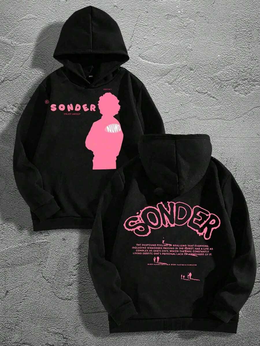 (Double-Sided Printing) SONDER Print Fashion Casual Men Hoodies Oversized Comfortable Streetwear Pullover Hooded Sweatshirt For Men Retro Graphic Design Long Sleeve Lounge Hoodie - 黑色 - 查看 1