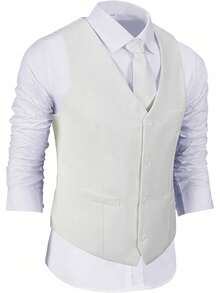 Mens 2 Piece Vest Pants Slim Fit Suit Set V-Neck Solid Dress Suit Wedding Prom Tuxedo For Men Ivory White - Ngà voi - Xem 5