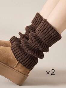 1/2 Pairs Of Women's Leg Warmer, White Knitted Warm Calf Socks, Suitable For Autumn And Winter - 咖啡棕 - 查看 7