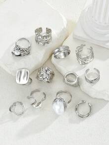 12/6pcs Set Elegant Vintage Delicate Party Style Faux Pearl Ruffle Geometric Metal Rings Set, Geometric Line Design Suitable For Women Daily, Party, Vacation Wear, Versatile Stackable, Perfect Gift For Holidays - Style 14 - View 5