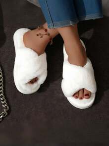 1 Pair Of Women's Suede Cross Slippers, Soft And Lightweight Indoor Home Shoes, Silent Carpet Slippers - trắng - Xem 8