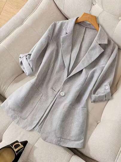 Áo khoác Blazer vải dệt màu xám thời trang dành cho nữ, có nút cài phía trước, tay dài, dáng dài thông thường, phù hợp cho mùa thu/đông