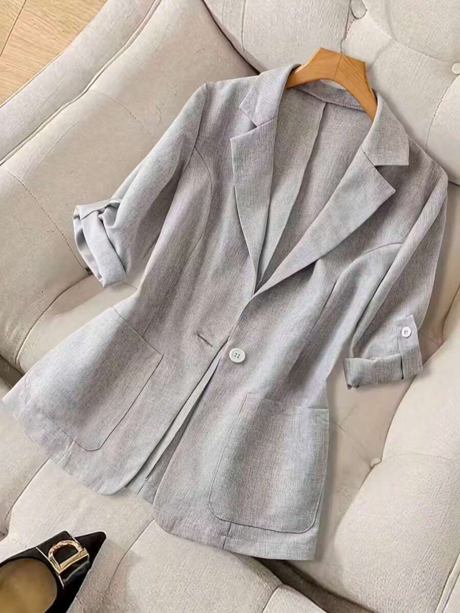 Áo khoác Blazer vải dệt màu xám thời trang dành cho nữ, có nút cài phía trước, tay dài, dáng dài thông thường, phù hợp cho mùa thu/đông - Xám - Xem 1