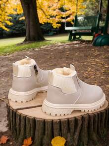 儿童冬季保暖内衬靴，简约英伦风侧拉链男女童厚底踝靴 - 米色 - 查看 4