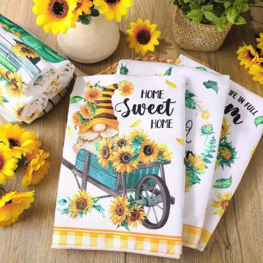 2/4/6/8/10/12 Pcs Vibrant Sunflower Kitchen Towels Set - Soft Polyester, Modern Floral & Inspirational Designs, 18x26" Hand & Tea Towels With Gnome And Truck Motifs - Ideal For Summer Decor & Housewarming Gifts, Kitchen Towels Hand Towels