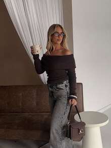 HoloChill Women Young Influencer Style Solid Color Off Shoulder Ribbed Casual Pullover Sweater, Summer Casual New Arrival Carnival