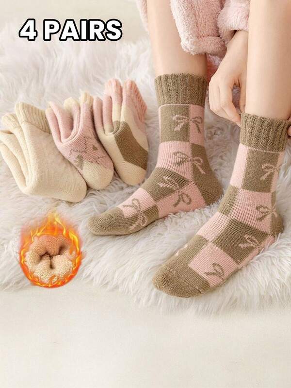 4 paia di calze da donna in misto lana spessa, autunno/inverno, motivi geometrici multicolore, argyle, fiocchi, stile retrò carino ed elegante, morbide, confortevoli, calde, calze casual a metà polpaccio